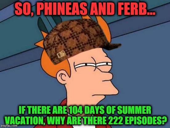 Futurama Fry Meme | SO, PHINEAS AND FERB... IF THERE ARE 104 DAYS OF SUMMER VACATION, WHY ARE THERE 222 EPISODES? | image tagged in memes,futurama fry,scumbag | made w/ Imgflip meme maker