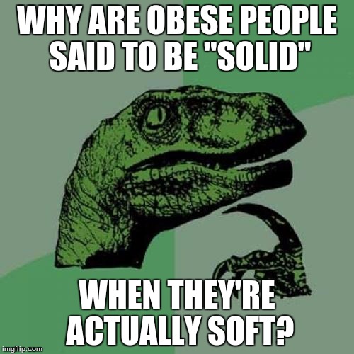 Philosoraptor | WHY ARE OBESE PEOPLE SAID TO BE "SOLID"; WHEN THEY'RE ACTUALLY SOFT? | image tagged in memes,philosoraptor | made w/ Imgflip meme maker