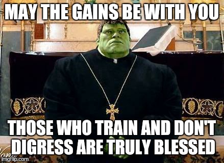 Hulk Priest | MAY THE GAINS BE WITH YOU; THOSE WHO TRAIN AND DON'T DIGRESS ARE TRULY BLESSED | image tagged in hulk priest | made w/ Imgflip meme maker