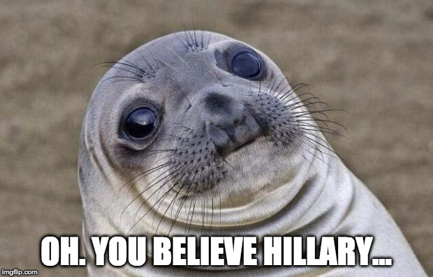 Awkward Moment Sealion | OH. YOU BELIEVE HILLARY... | image tagged in awkward moment sealion,hillary clinton,college liberal,bernie sanders,donald trump,election | made w/ Imgflip meme maker