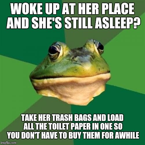 Foul Bachelor Frog | WOKE UP AT HER PLACE AND SHE'S STILL ASLEEP? TAKE HER TRASH BAGS AND LOAD ALL THE TOILET PAPER IN ONE SO YOU DON'T HAVE TO BUY THEM FOR AWHILE | image tagged in memes,foul bachelor frog | made w/ Imgflip meme maker