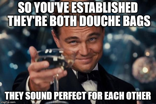 Leonardo Dicaprio Cheers Meme | SO YOU'VE ESTABLISHED THEY'RE BOTH DOUCHE BAGS THEY SOUND PERFECT FOR EACH OTHER | image tagged in memes,leonardo dicaprio cheers | made w/ Imgflip meme maker