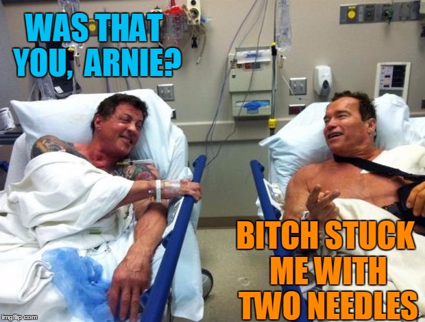r n t | WAS THAT YOU,  ARNIE? B**CH STUCK ME WITH TWO NEEDLES | image tagged in r n t | made w/ Imgflip meme maker