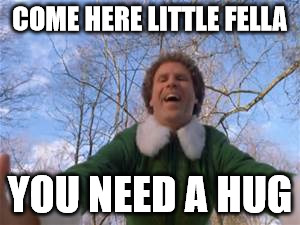 COME HERE LITTLE FELLA YOU NEED A HUG | image tagged in elf hug | made w/ Imgflip meme maker