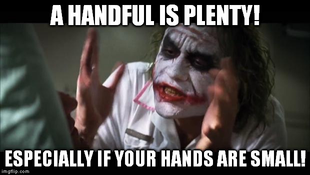 And everybody loses their minds Meme | A HANDFUL IS PLENTY! ESPECIALLY IF YOUR HANDS ARE SMALL! | image tagged in memes,and everybody loses their minds | made w/ Imgflip meme maker