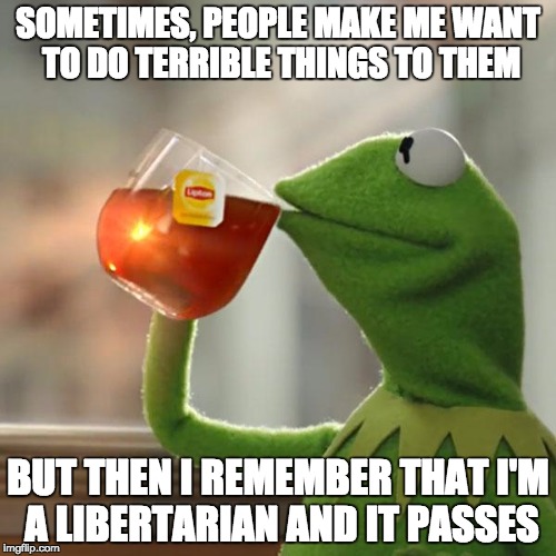 But That's None Of My Business | SOMETIMES, PEOPLE MAKE ME WANT TO DO TERRIBLE THINGS TO THEM; BUT THEN I REMEMBER THAT I'M A LIBERTARIAN AND IT PASSES | image tagged in memes,but thats none of my business,kermit the frog,libertarian | made w/ Imgflip meme maker
