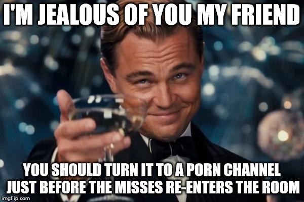 Leonardo Dicaprio Cheers Meme | I'M JEALOUS OF YOU MY FRIEND YOU SHOULD TURN IT TO A PORN CHANNEL JUST BEFORE THE MISSES RE-ENTERS THE ROOM | image tagged in memes,leonardo dicaprio cheers | made w/ Imgflip meme maker