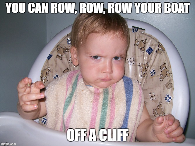 YOU CAN ROW, ROW, ROW YOUR BOAT; OFF A CLIFF | image tagged in angry baby | made w/ Imgflip meme maker