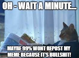 morning realisation cat | OH - WAIT A MINUTE... MAYBE 99% WONT REPOST MY MEME BECAUSE IT'S BULLSHIT! | image tagged in morning realisation cat | made w/ Imgflip meme maker