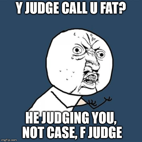 Y U No Meme | Y JUDGE CALL U FAT? HE JUDGING YOU, NOT CASE, F JUDGE | image tagged in memes,y u no | made w/ Imgflip meme maker