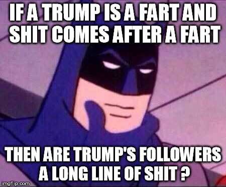 trump = fart | IF A TRUMP IS A FART AND SHIT COMES AFTER A FART; THEN ARE TRUMP'S FOLLOWERS A LONG LINE OF SHIT ? | image tagged in batman thinking,trump,dump trump,nevertrump,fart | made w/ Imgflip meme maker