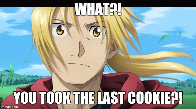 Edward Elric: You Took the last COOKIE?! | WHAT?! YOU TOOK THE LAST COOKIE?! | image tagged in edward elric what | made w/ Imgflip meme maker