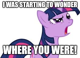 twilight confused | I WAS STARTING TO WONDER WHERE YOU WERE! | image tagged in twilight confused | made w/ Imgflip meme maker