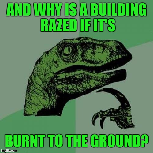 Philosoraptor Meme | AND WHY IS A BUILDING RAZED IF IT'S BURNT TO THE GROUND? | image tagged in memes,philosoraptor | made w/ Imgflip meme maker