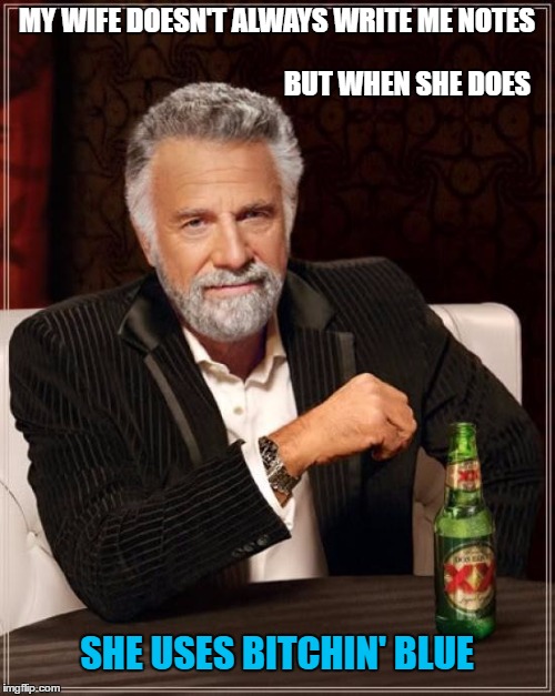 The Most Interesting Man In The World Meme | MY WIFE DOESN'T ALWAYS WRITE ME NOTES SHE USES B**CHIN' BLUE BUT WHEN SHE DOES | image tagged in memes,the most interesting man in the world | made w/ Imgflip meme maker