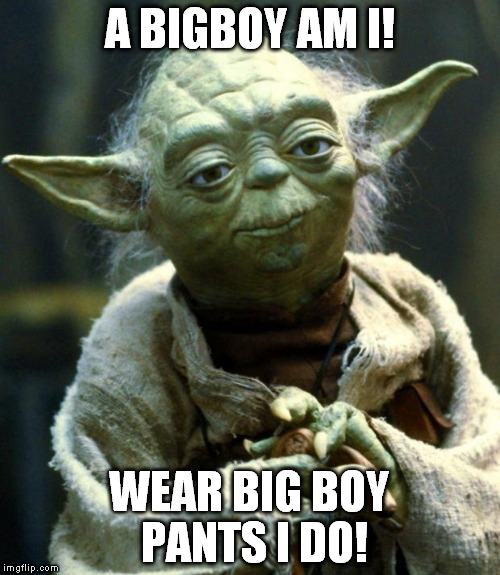 Star Wars Yoda Meme | A BIGBOY AM I! WEAR BIG BOY PANTS I DO! | image tagged in memes,star wars yoda | made w/ Imgflip meme maker
