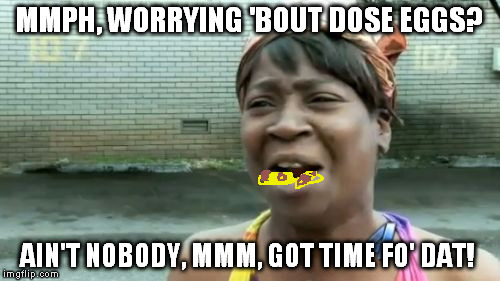 Ain't Nobody Got Time For That Meme | MMPH, WORRYING 'BOUT DOSE EGGS? AIN'T NOBODY, MMM, GOT TIME FO' DAT! | image tagged in memes,aint nobody got time for that | made w/ Imgflip meme maker