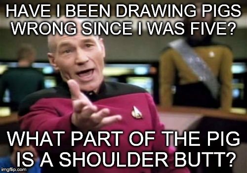 Picard Wtf | HAVE I BEEN DRAWING PIGS WRONG SINCE I WAS FIVE? WHAT PART OF THE PIG IS A SHOULDER BUTT? | image tagged in memes,picard wtf,grocery store,walmart,bbq,pork | made w/ Imgflip meme maker