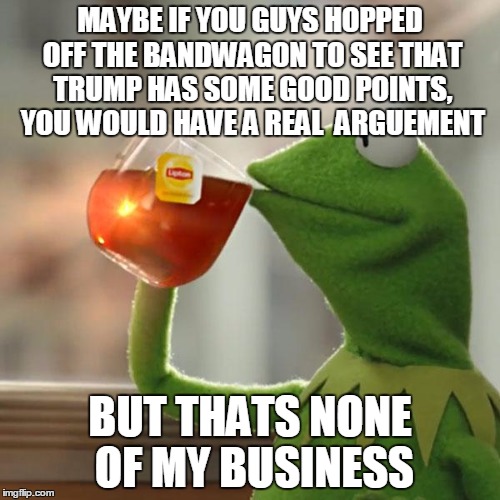 Think for yourselves, watch more than just vines, guys. | MAYBE IF YOU GUYS HOPPED OFF THE BANDWAGON TO SEE THAT TRUMP HAS SOME GOOD POINTS, YOU WOULD HAVE A REAL  ARGUEMENT; BUT THATS NONE OF MY BUSINESS | image tagged in memes,but thats none of my business,kermit the frog,trump2016,donald trump | made w/ Imgflip meme maker