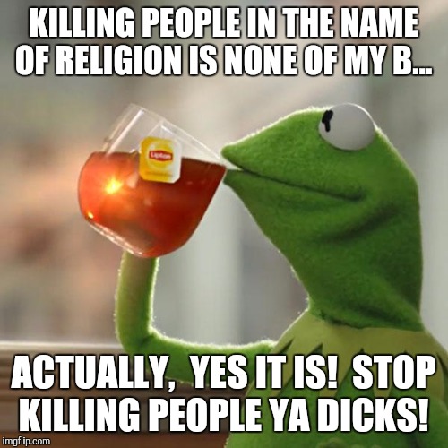 But That's None Of My Business | KILLING PEOPLE IN THE NAME OF RELIGION IS NONE OF MY B... ACTUALLY,  YES IT IS!  STOP KILLING PEOPLE YA DICKS! | image tagged in memes,but thats none of my business,kermit the frog | made w/ Imgflip meme maker