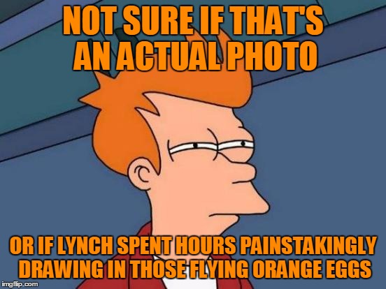 Futurama Fry Meme | NOT SURE IF THAT'S AN ACTUAL PHOTO OR IF LYNCH SPENT HOURS PAINSTAKINGLY DRAWING IN THOSE FLYING ORANGE EGGS | image tagged in memes,futurama fry | made w/ Imgflip meme maker