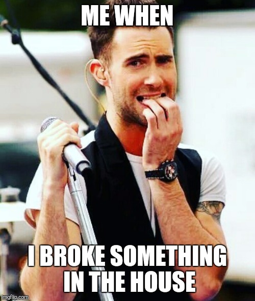 Adam Levine scared | ME WHEN; I BROKE SOMETHING IN THE HOUSE | image tagged in adam levine scared | made w/ Imgflip meme maker