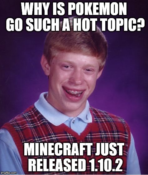 Bad Luck Brian | WHY IS POKEMON GO SUCH A HOT TOPIC? MINECRAFT JUST RELEASED 1.10.2 | image tagged in memes,bad luck brian | made w/ Imgflip meme maker