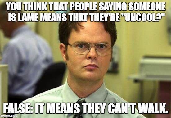 Dwight Schrute | YOU THINK THAT PEOPLE SAYING SOMEONE IS LAME MEANS THAT THEY'RE "UNCOOL?"; FALSE: IT MEANS THEY CAN'T WALK. | image tagged in memes,dwight schrute,template quest | made w/ Imgflip meme maker