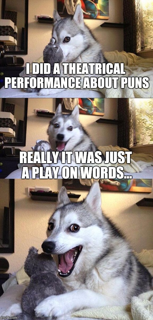 Bad Pun Dog | I DID A THEATRICAL PERFORMANCE ABOUT PUNS; REALLY IT WAS JUST A PLAY ON WORDS... | image tagged in memes,bad pun dog | made w/ Imgflip meme maker