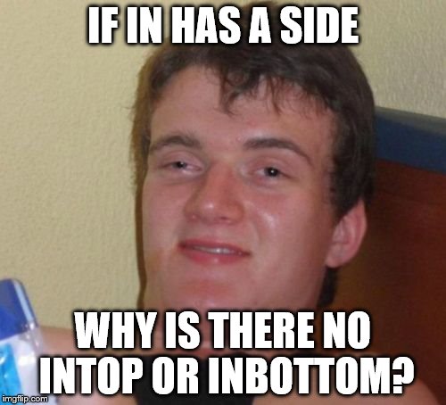 10 Guy Meme |  IF IN HAS A SIDE; WHY IS THERE NO INTOP OR INBOTTOM? | image tagged in memes,10 guy | made w/ Imgflip meme maker