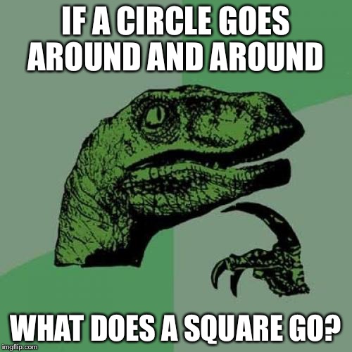 Philosoraptor | IF A CIRCLE GOES AROUND AND AROUND; WHAT DOES A SQUARE GO? | image tagged in memes,philosoraptor | made w/ Imgflip meme maker