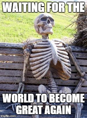 Waiting Skeleton Meme | WAITING FOR THE; WORLD TO BECOME GREAT AGAIN | image tagged in memes,waiting skeleton | made w/ Imgflip meme maker