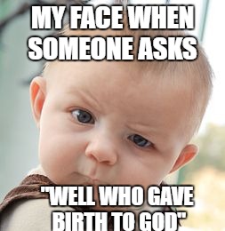 Skeptical Baby | MY FACE WHEN SOMEONE ASKS; "WELL WHO GAVE BIRTH TO GOD" | image tagged in memes,skeptical baby | made w/ Imgflip meme maker