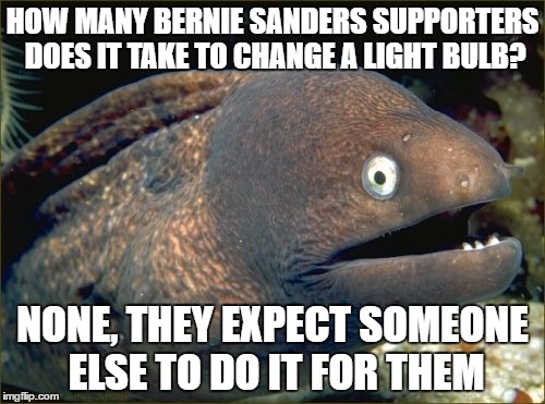 Bad Joke Eel | HOW MANY BERNIE SANDERS SUPPORTERS DOES IT TAKE TO CHANGE A LIGHT BULB? NONE, THEY EXPECT SOMEONE ELSE TO DO IT FOR THEM | image tagged in memes,bad joke eel | made w/ Imgflip meme maker