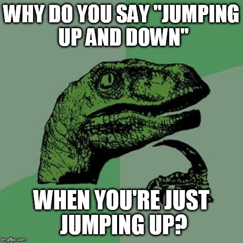 Philosoraptor | WHY DO YOU SAY "JUMPING UP AND DOWN"; WHEN YOU'RE JUST JUMPING UP? | image tagged in memes,philosoraptor | made w/ Imgflip meme maker