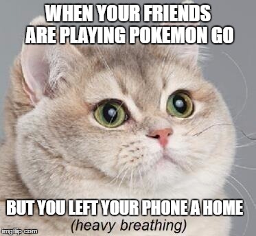 Heavy Breathing Cat | WHEN YOUR FRIENDS ARE PLAYING POKEMON GO; BUT YOU LEFT YOUR PHONE A HOME | image tagged in memes,heavy breathing cat | made w/ Imgflip meme maker