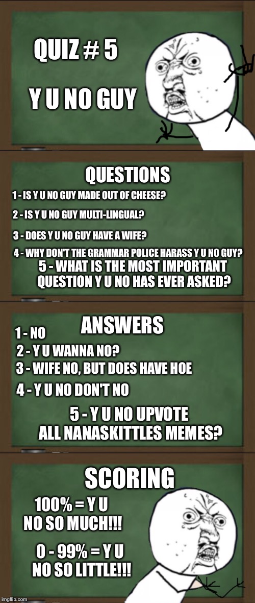 ***imgflip 101*** Do you you your template? Take the quiz |  Y U NO GUY; QUIZ # 5; QUESTIONS; 1 - IS Y U NO GUY MADE OUT OF CHEESE? 2 - IS Y U NO GUY MULTI-LINGUAL? 3 - DOES Y U NO GUY HAVE A WIFE? 4 - WHY DON'T THE GRAMMAR POLICE HARASS Y U NO GUY? 5 - WHAT IS THE MOST IMPORTANT QUESTION Y U NO HAS EVER ASKED? ANSWERS; 1 - NO; 2 - Y U WANNA NO? 3 - WIFE NO, BUT DOES HAVE HOE; 4 - Y U NO DON'T NO; 5 - Y U NO UPVOTE ALL NANASKITTLES MEMES? SCORING; 100% = Y U NO SO MUCH!!! 0 - 99% = Y U NO SO LITTLE!!! | image tagged in memes,y u no guy,quizzes,welcome to imgflip | made w/ Imgflip meme maker
