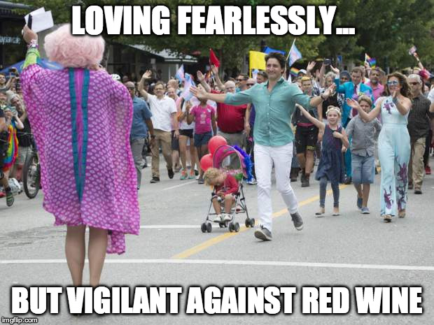 Justin Trudeau Pride | LOVING FEARLESSLY... BUT VIGILANT AGAINST RED WINE | image tagged in justin trudeau pride | made w/ Imgflip meme maker