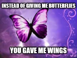 You Gave Me Wings | INSTEAD OF GIVING ME BUTTERFLIES; YOU GAVE ME WINGS | image tagged in purple butterfly,you gave me wings,wings,flying,love | made w/ Imgflip meme maker