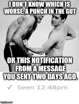 gut punch | I DON'T KNOW WHICH IS WORSE. A PUNCH IN THE GUT; OR THIS NOTIFICATION FROM A MESSAGE YOU SENT TWO DAYS AGO. | image tagged in gut punch | made w/ Imgflip meme maker