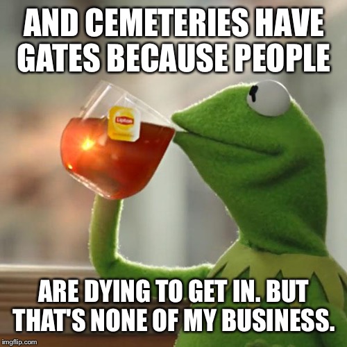 But That's None Of My Business Meme | AND CEMETERIES HAVE GATES BECAUSE PEOPLE ARE DYING TO GET IN. BUT THAT'S NONE OF MY BUSINESS. | image tagged in memes,but thats none of my business,kermit the frog | made w/ Imgflip meme maker