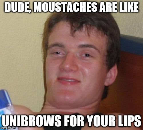10 Guy | DUDE, MOUSTACHES ARE LIKE; UNIBROWS FOR YOUR LIPS | image tagged in memes,10 guy | made w/ Imgflip meme maker