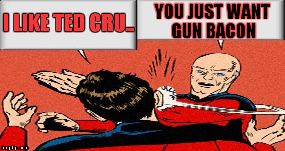 picard slap | I LIKE TED CRU.. YOU JUST WANT GUN BACON | image tagged in picard slap | made w/ Imgflip meme maker