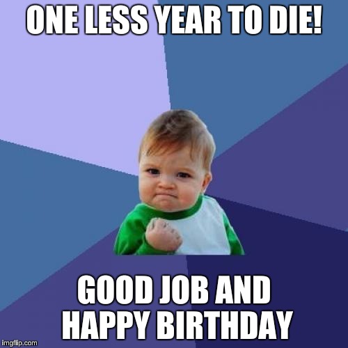 This could also be Grumpy cat and this might be a repost. | ONE LESS YEAR TO DIE! GOOD JOB AND HAPPY BIRTHDAY | image tagged in memes,success kid | made w/ Imgflip meme maker