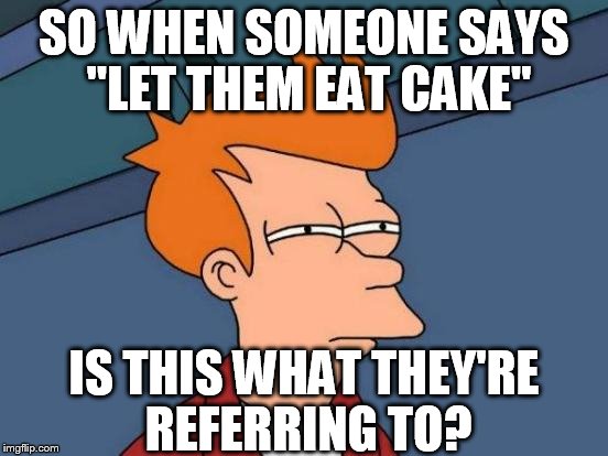 Futurama Fry Meme | SO WHEN SOMEONE SAYS "LET THEM EAT CAKE" IS THIS WHAT THEY'RE REFERRING TO? | image tagged in memes,futurama fry | made w/ Imgflip meme maker