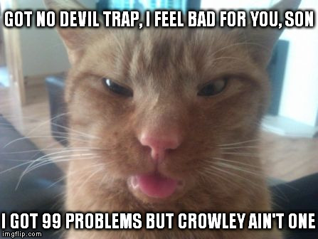 derpcat | GOT NO DEVIL TRAP, I FEEL BAD FOR YOU, SON; I GOT 99 PROBLEMS BUT CROWLEY AIN'T ONE | image tagged in derpcat | made w/ Imgflip meme maker