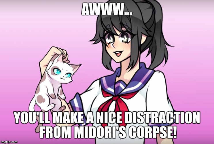 Yandere and the Cat | AWWW... YOU'LL MAKE A NICE DISTRACTION FROM MIDORI'S CORPSE! | image tagged in memes,original meme | made w/ Imgflip meme maker