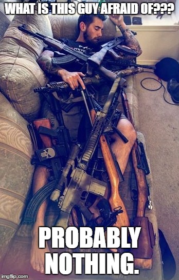 i wouldnt be scared with a whole magazine of guns | WHAT IS THIS GUY AFRAID OF??? PROBABLY NOTHING. | image tagged in guns | made w/ Imgflip meme maker