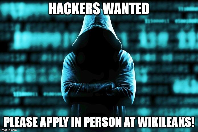 wikileaks | HACKERS WANTED; PLEASE APPLY IN PERSON AT WIKILEAKS! | image tagged in wikileaks | made w/ Imgflip meme maker