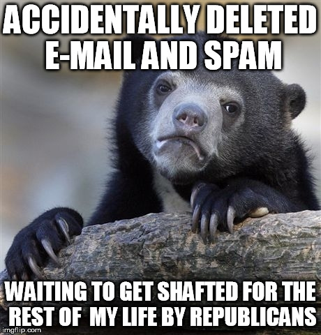 Confession Bear Meme | ACCIDENTALLY DELETED E-MAIL AND SPAM; WAITING TO GET SHAFTED FOR THE REST OF  MY LIFE BY REPUBLICANS | image tagged in memes,confession bear,e-mails,republicans,spam,bear | made w/ Imgflip meme maker